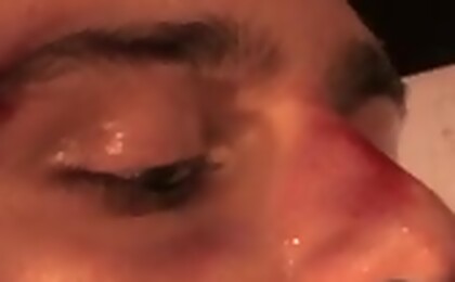 Bruised boxer Tommy jerks it & shoots cum into his own mouth