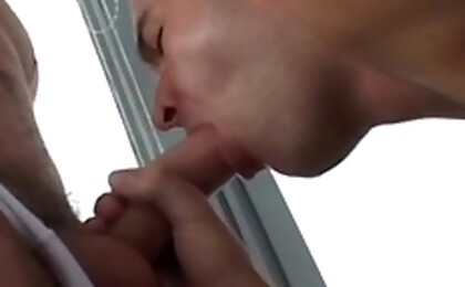 Three men fuck eachother in the control tower of an airport.