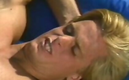 Three blonde studs meet by the pool and get outdoors sex