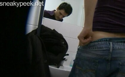 The pervy cameraman at Sneakypeek catches a hunky workman coming into the bus station toilet to have a crap.