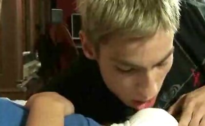 Twink woken up for sex by his smooth young pal