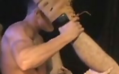 Hot action scene in which two men fuck on terrasse by night