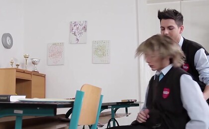 Two cum-shots apiece from this pair of bareback school fuckers!