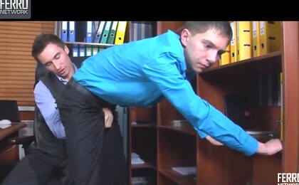 Lusty dude makes his gay colleague swallow his meat and take it up the ass