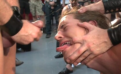 Bound hunk publicly tormented and gang fucked for his first Dore Alley