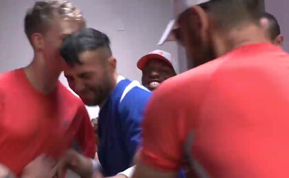 Pitcher becomes catcher - Bound stud takes a baseball bat up his ass!