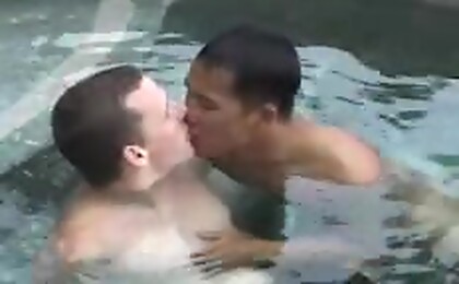 Three cute guys suck and fuck near the pool and under water!