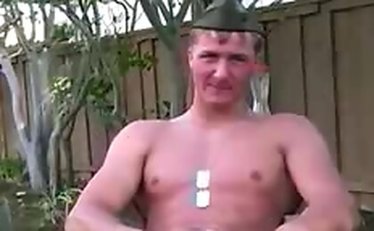 Military boy shafts his rod outside until it shoots its load