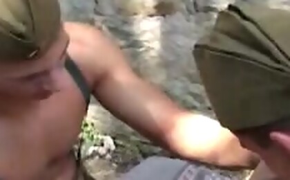 Sexy soldiers having a steamy hot anal threesome outdoors!