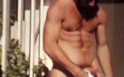 Gay men jerking off his big dick in the shower, by the pool