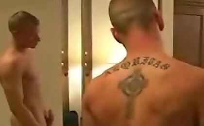 Lean and ripped twink wank his penis off and cum on the bed