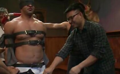 Italian bodybuilder is used and humiliated at a public bar.
