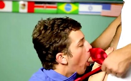 When they compare sizes Levon is so turned on he can\\\'t help but give his prof some delicious deepthroat action.